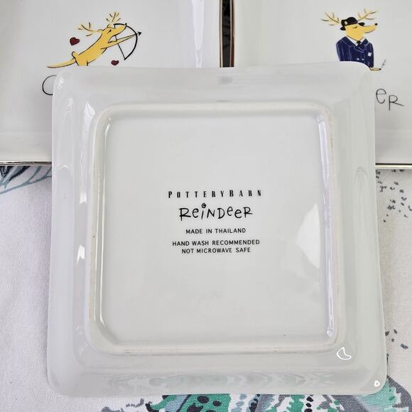 8 pc Pottery Barn Reindeer Appetizer Snack Cookie Plates Silver Trim 6.5" Square - Picture 5 of 7